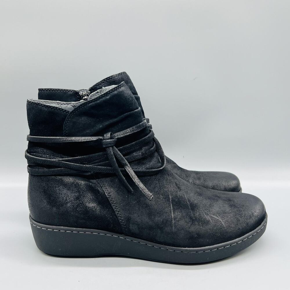 Dansko Boots Womens 10.5 Black Leather Ankle Zip Wedge Wrap Strap Booties Shoes